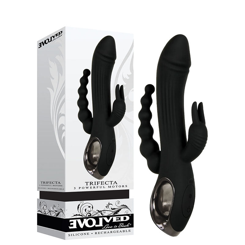 Evolved Trifecta - 21.6 cm USB Rechargeable Rabbit Vibrator with Anal Stim at NZ & Australia’s Mega Adult Toy Store